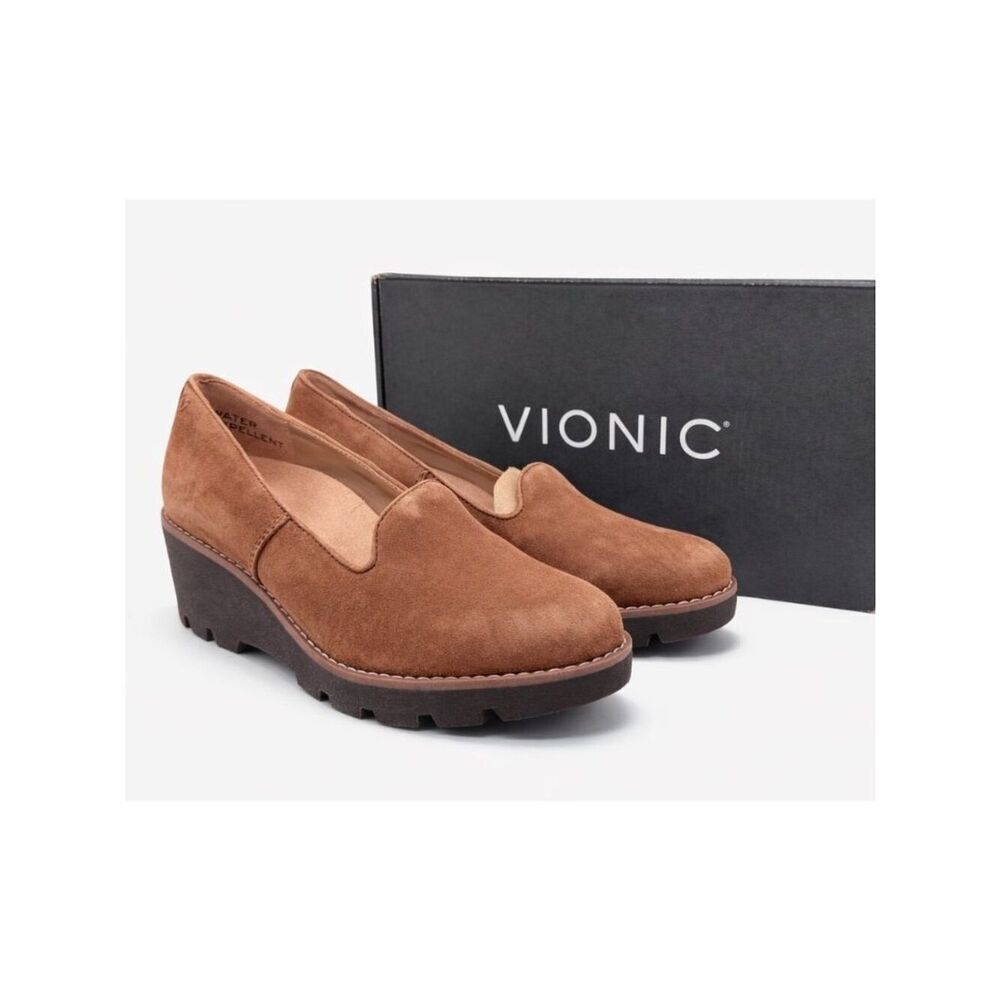 Vionic Willa Loafer Wedge Women’s 5 Tan Toffee Suede Leather Waterproof Slip-On